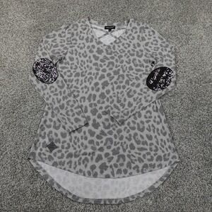 Simply Southern Shirt Womens S Gray Leopard AOP Cheetah Cat Sequin Elbow Patch